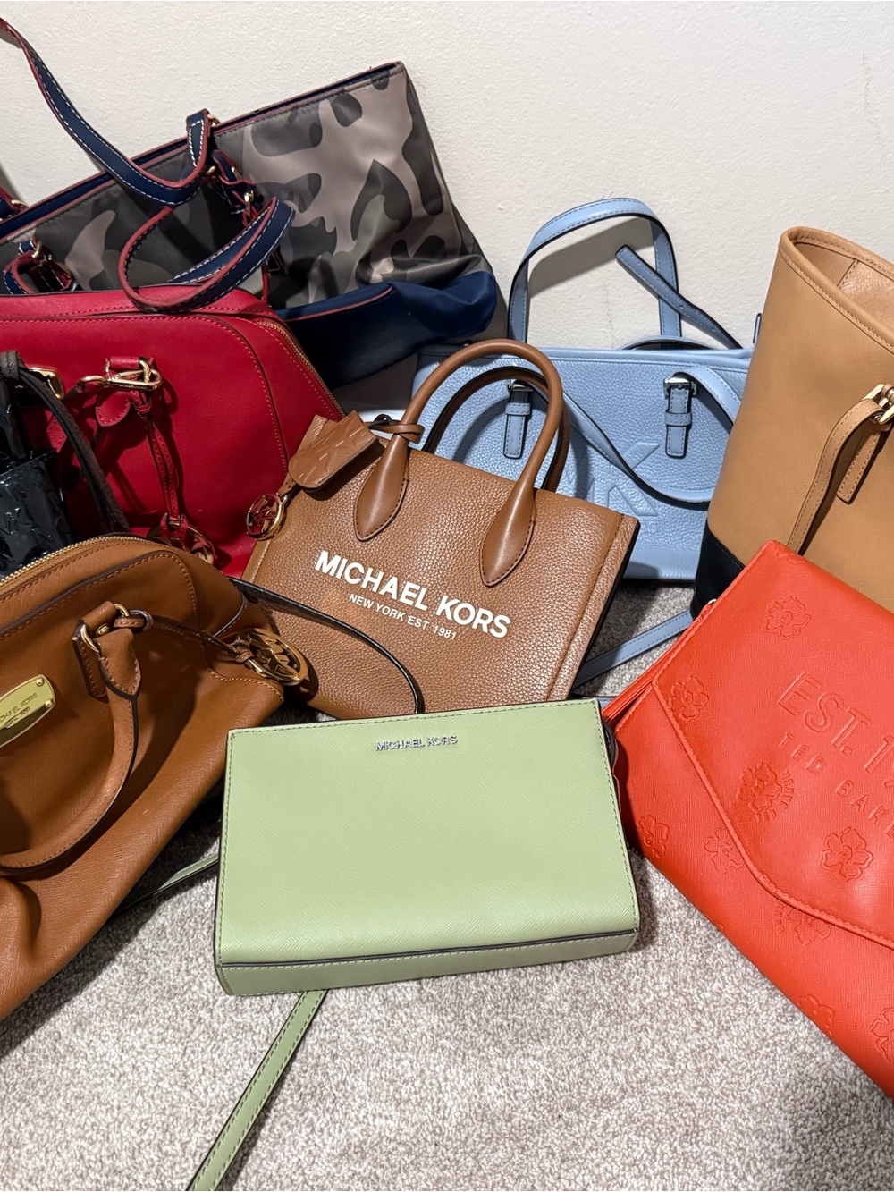 Michael Kors Tan Pebbled Logo Satchel with Green Crossbody Accent